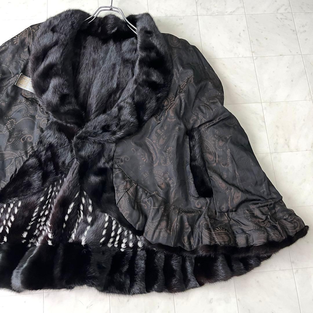 SAGA MINK  ポンチョ リバーシブル ブラックミンク 裏地総柄