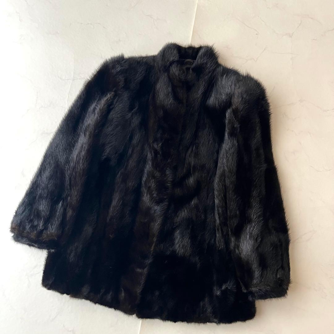 美品 ミンク 高級毛皮 コート ブラック 黒 3ホック つや なめし良好