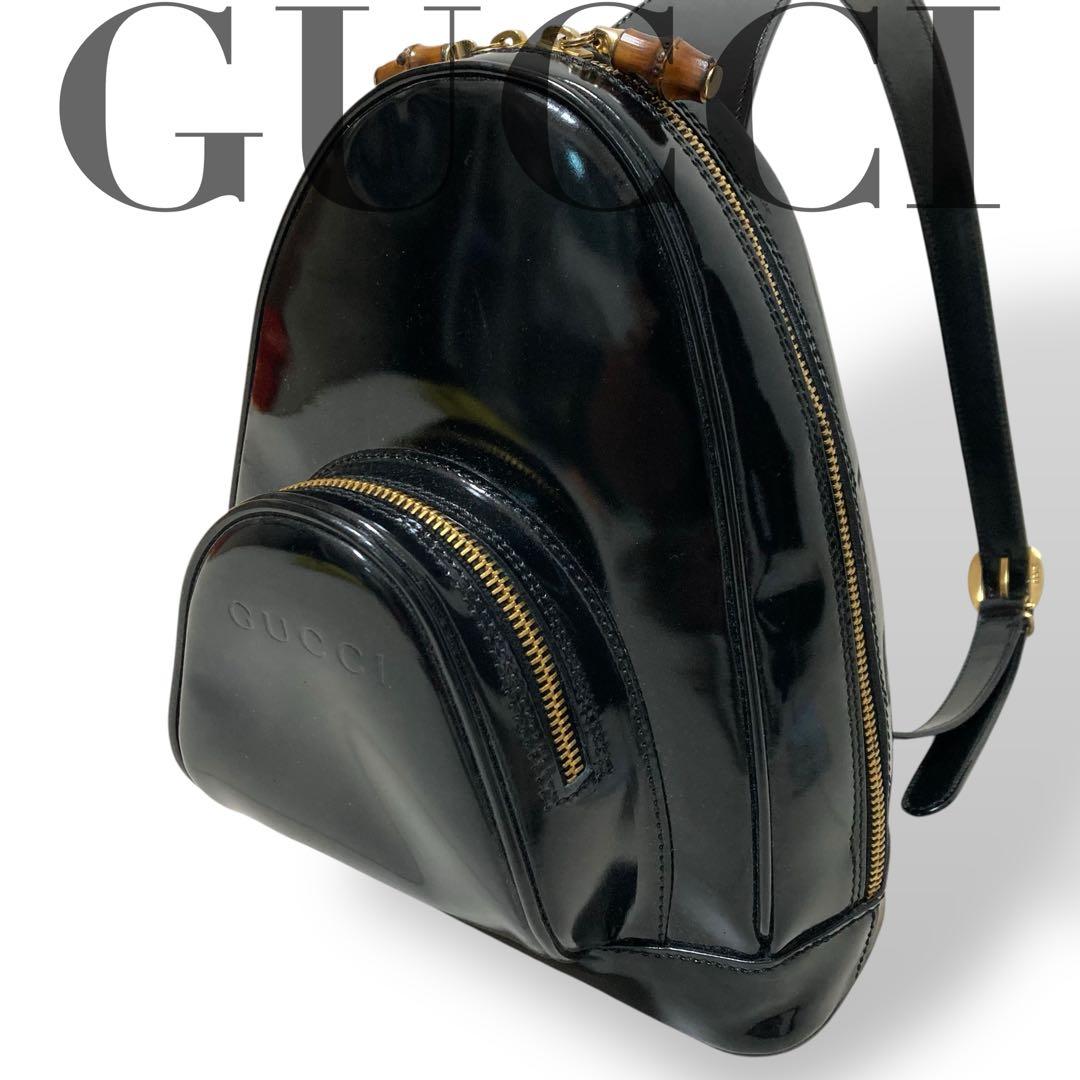【美品】グッチ ワンショルダーバッグ　ボディバッグ　パテントレザー バンブー 黒