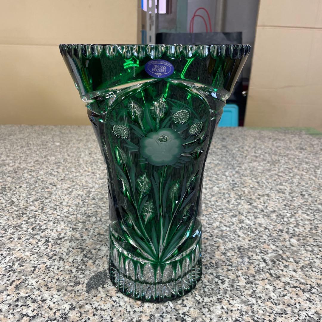 ★ドレスデンクリスタル 花瓶 グリーン フラワーベース ガラス インテリア 格安