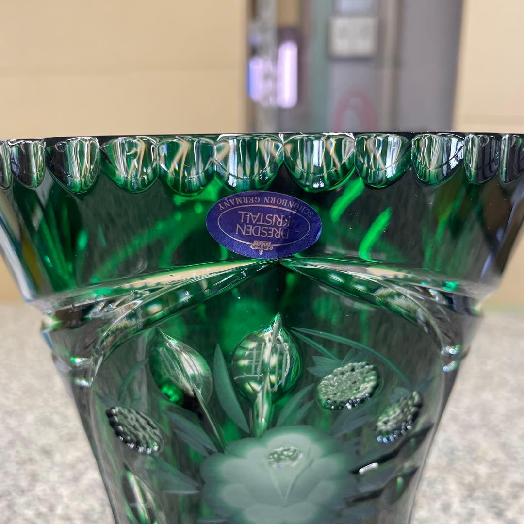 ★ドレスデンクリスタル 花瓶 グリーン フラワーベース ガラス インテリア 格安