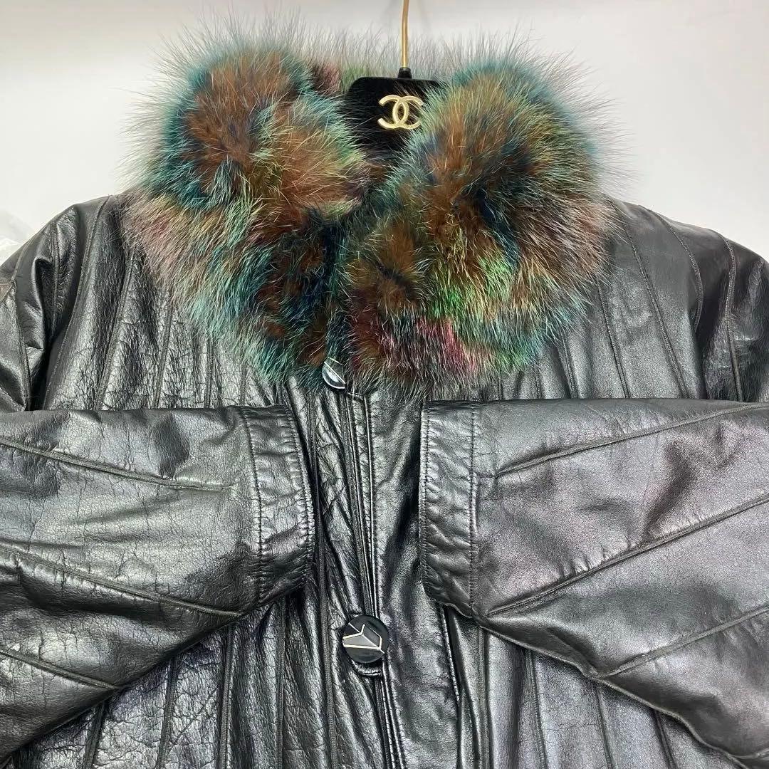 フォックスファー　マルチカラー　レザー　本革　リバーシブル　3L相当　コート