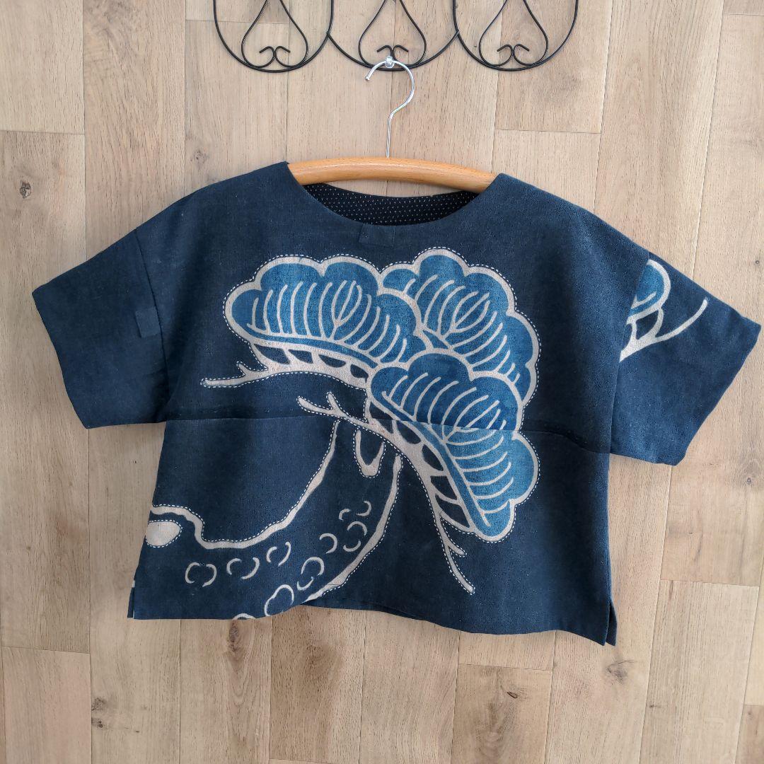 古布リメイク　筒描き　藍染め木綿　プルオーバー