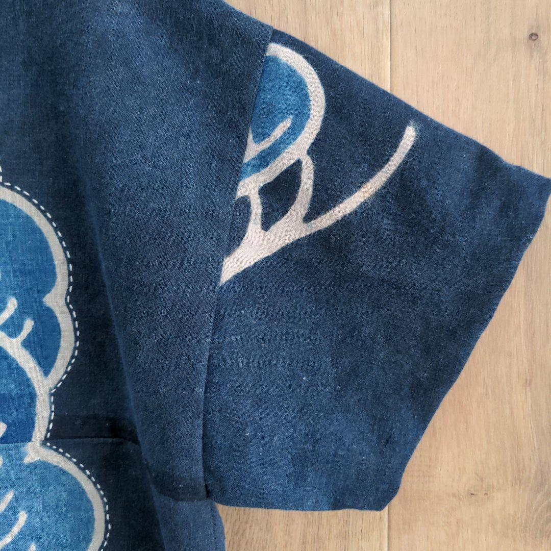 古布リメイク　筒描き　藍染め木綿　プルオーバー