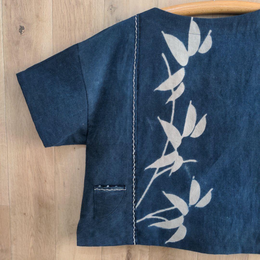 古布リメイク　筒描き　藍染め木綿　プルオーバー