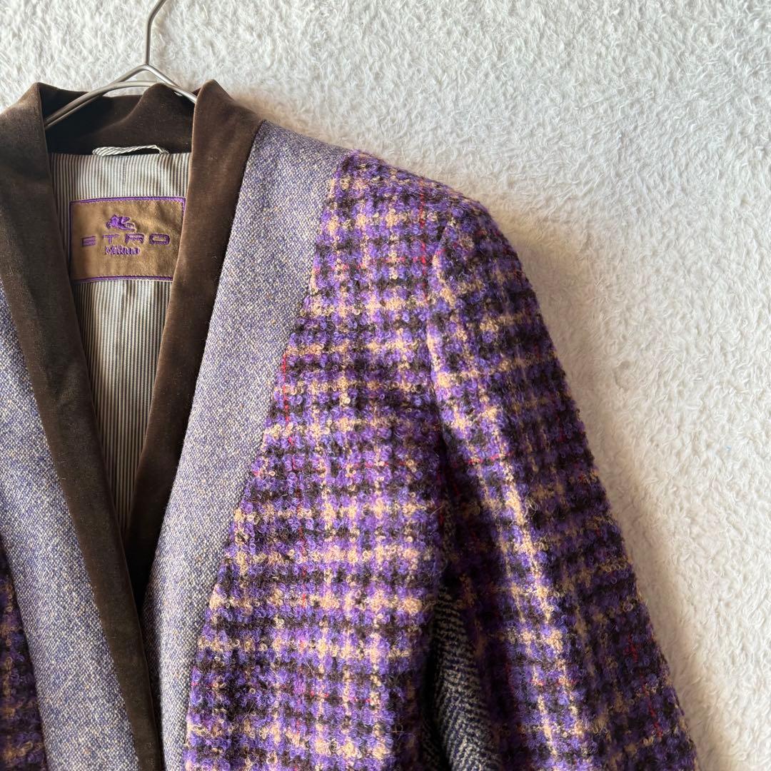 エトロ ノーカラー ジャケット ツイード シルク モヘヤ混 大きいサイズ 44