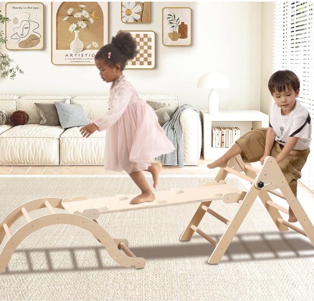 クライミングセット、スライディングランプ＆アーチランプ付き、折りたたみ式木製