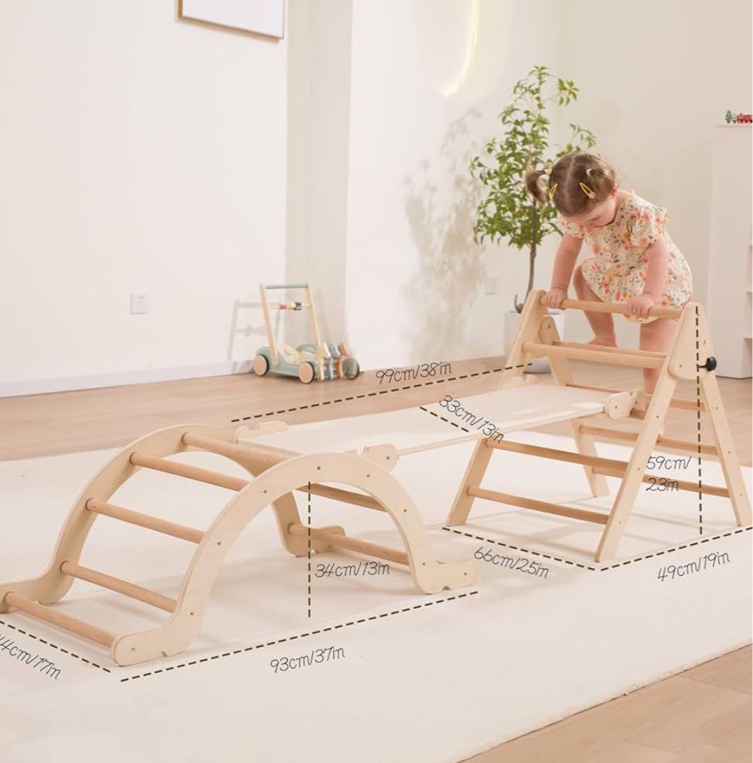 クライミングセット、スライディングランプ＆アーチランプ付き、折りたたみ式木製