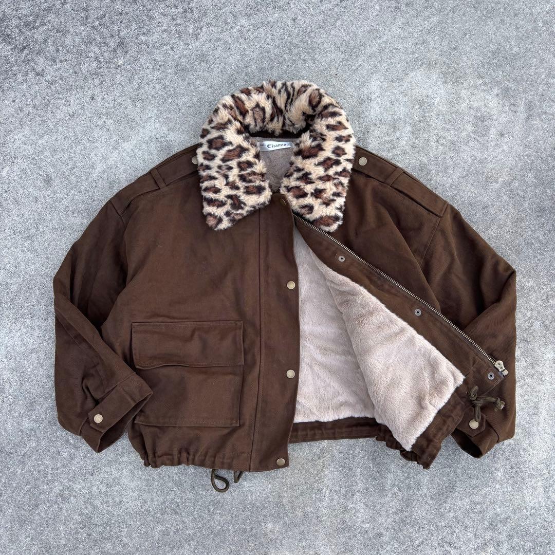 Elcamino レオパード襟2WAY ファー短丈ブルゾン 茶 y2k