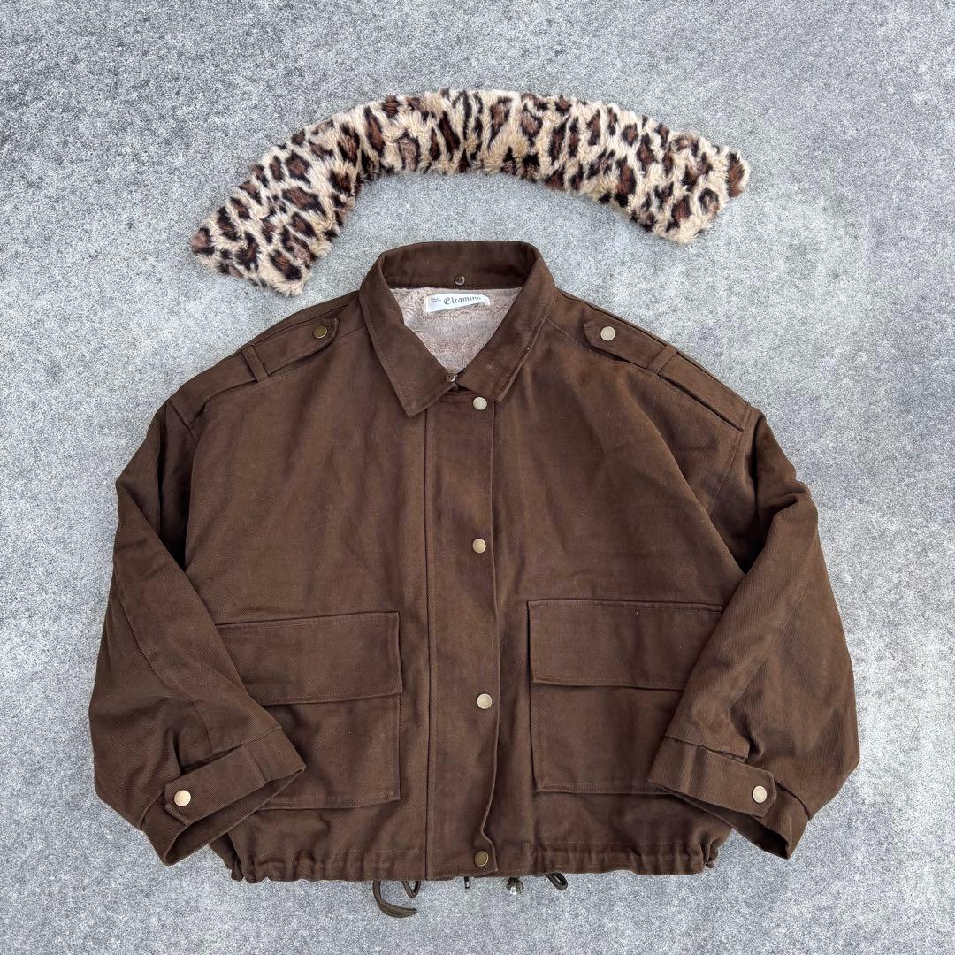Elcamino レオパード襟2WAY ファー短丈ブルゾン 茶 y2k