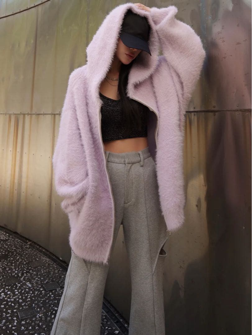 Glam Lips SHAGGY ボンディング KNIT ZIP フーディー