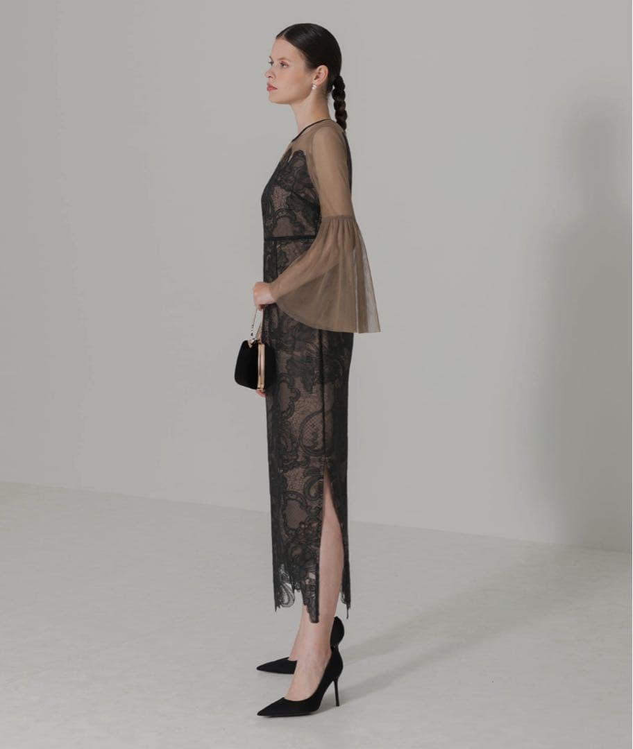 LEJA 異素材シアー刺繍レース透け感プリーツスリーブIラインペンシルスカート