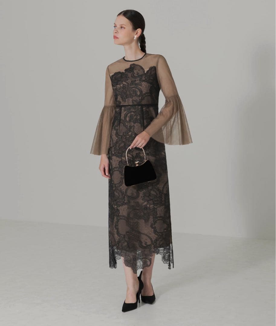 LEJA 異素材シアー刺繍レース透け感プリーツスリーブIラインペンシルスカート