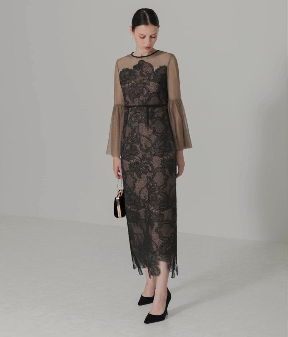 LEJA 異素材シアー刺繍レース透け感プリーツスリーブIラインペンシルスカート