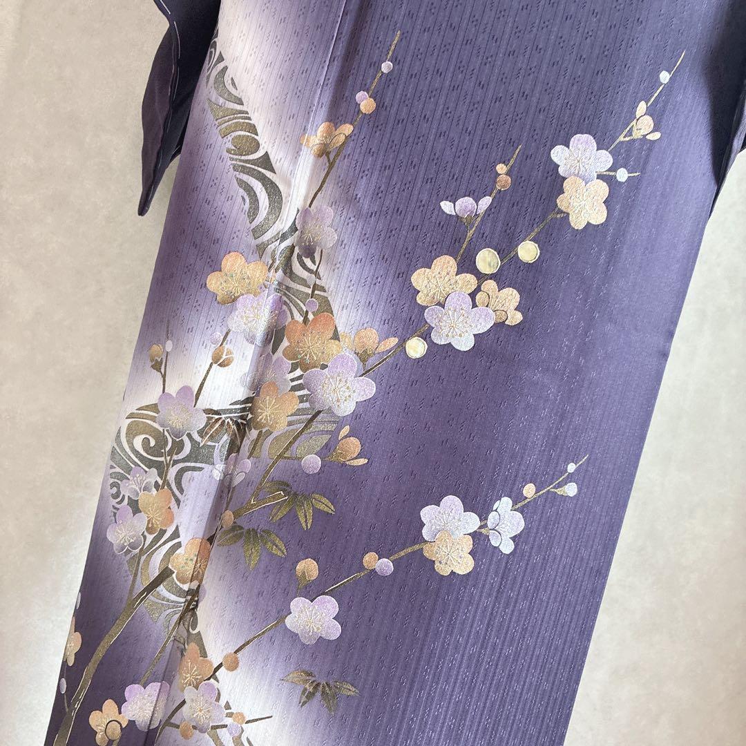 訪問着　フルセット　着物　正絹　ロング丈　しつけ糸付き　紫　梅の枝　結婚式　G9