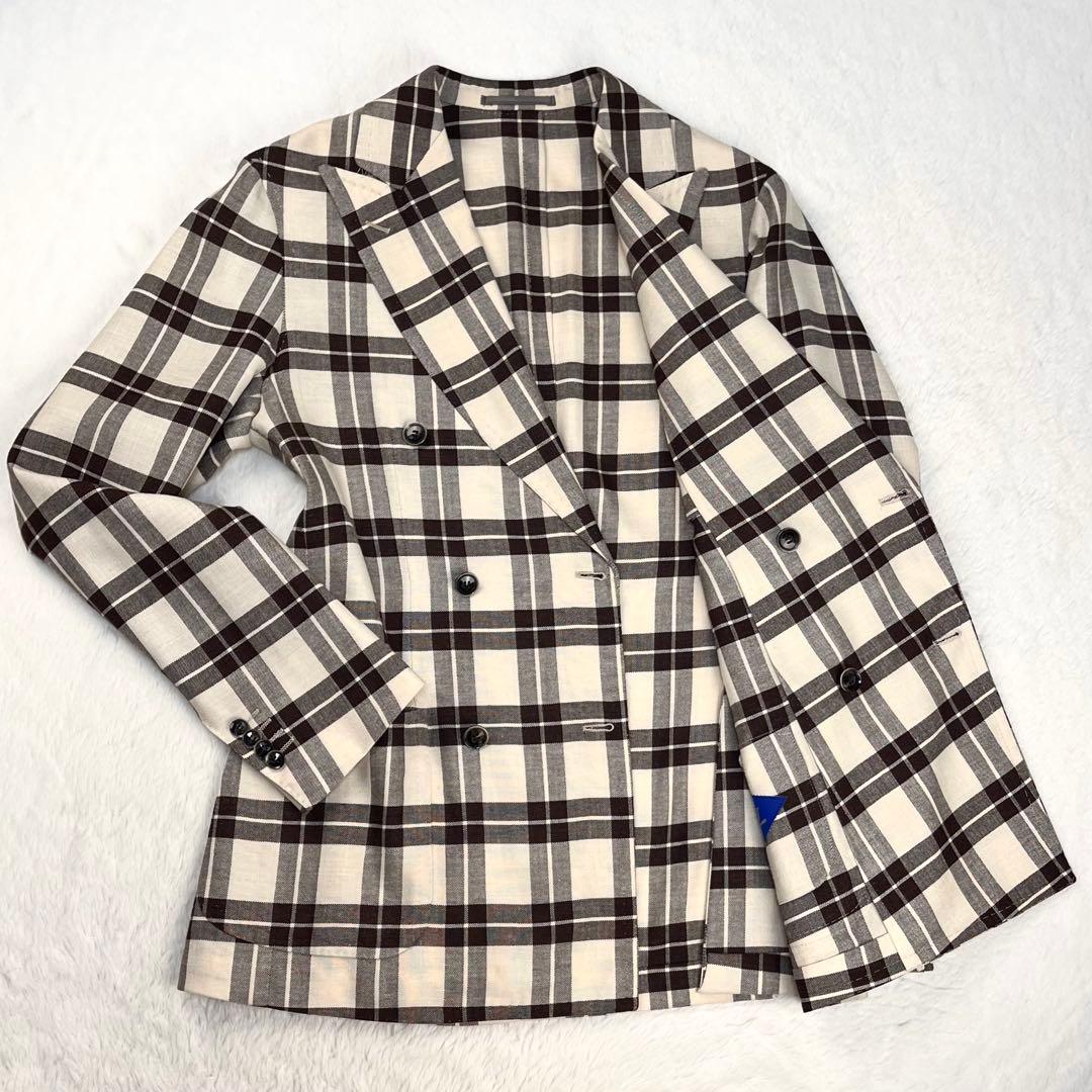 極美品 リングジャケット シルクリネン三者混 ダブル アンコンジャケット 46