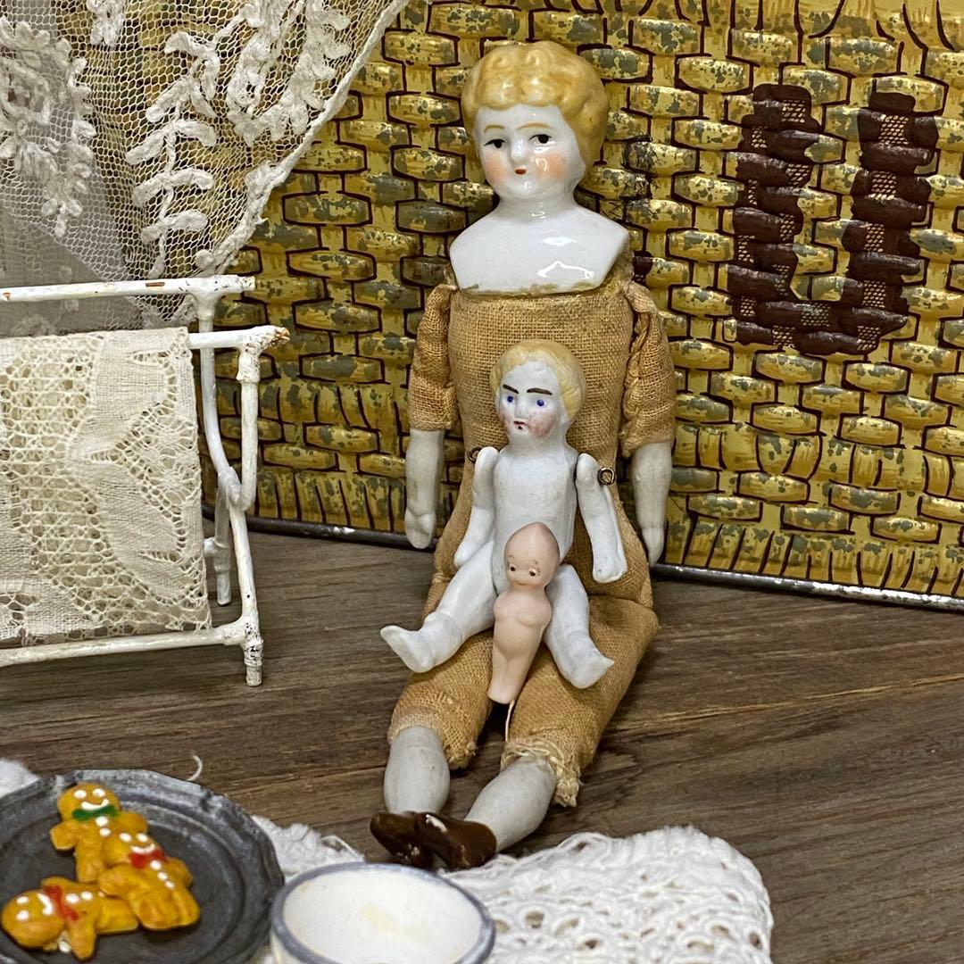 ドイツアンティーク チャイナヘッドドール 15cm ブロンド ビスクドールセット