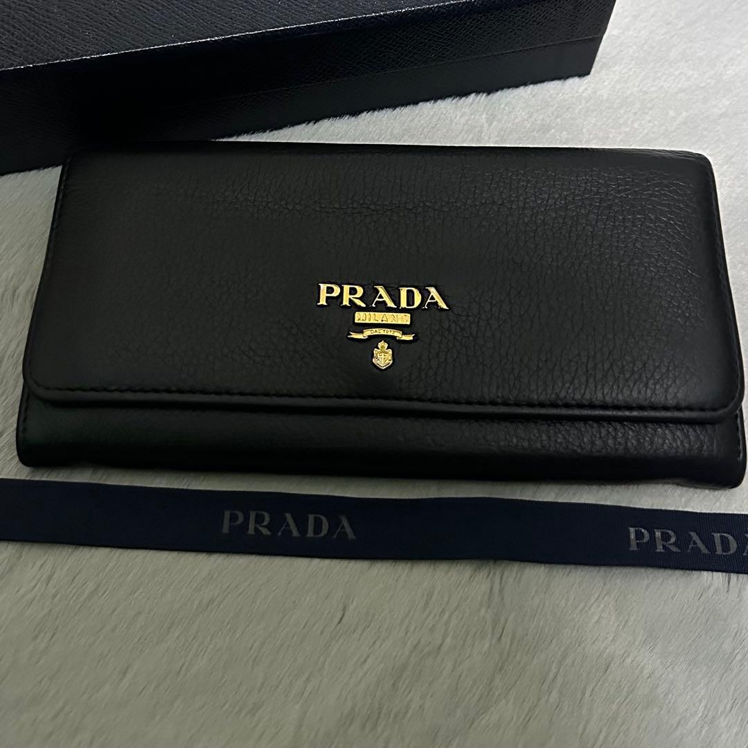 PRADA プラダ　長財布　ゴールドロゴ　シボ革　ブラック
