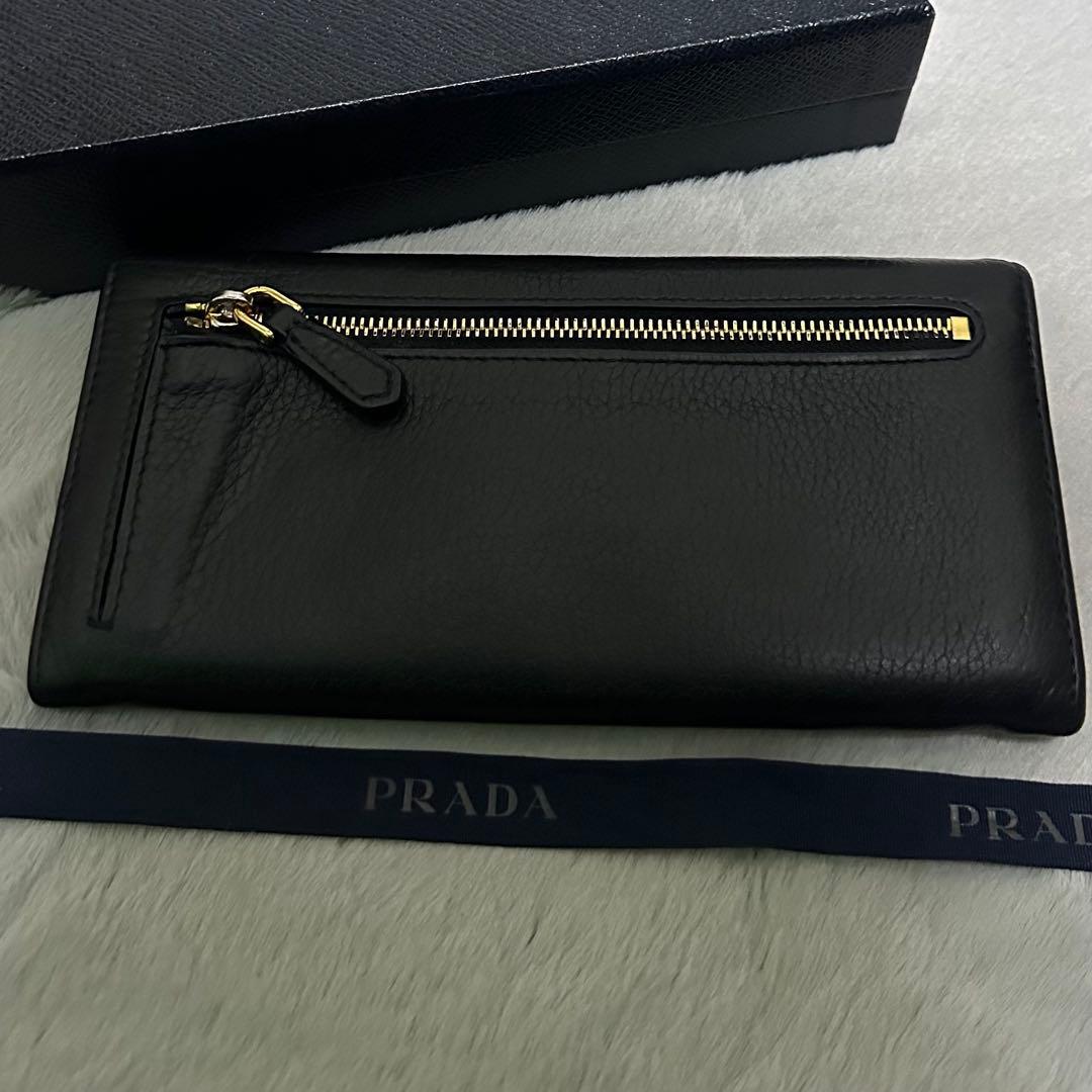 PRADA プラダ　長財布　ゴールドロゴ　シボ革　ブラック