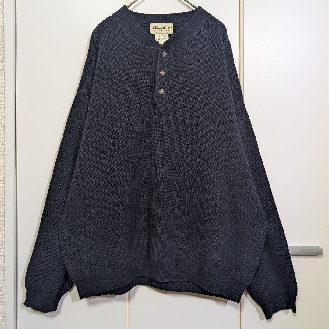 【白タグ】Eddie Bauer エディーバウアー ヘンリーネックニット 紺