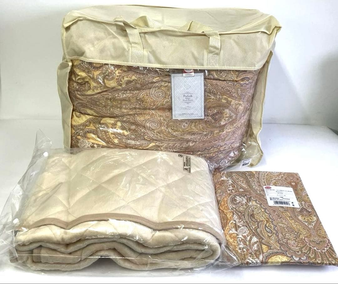 西川 羽毛掛けふとん（SL・金色）・カバー・敷きパッド3点セット〈未使用〉