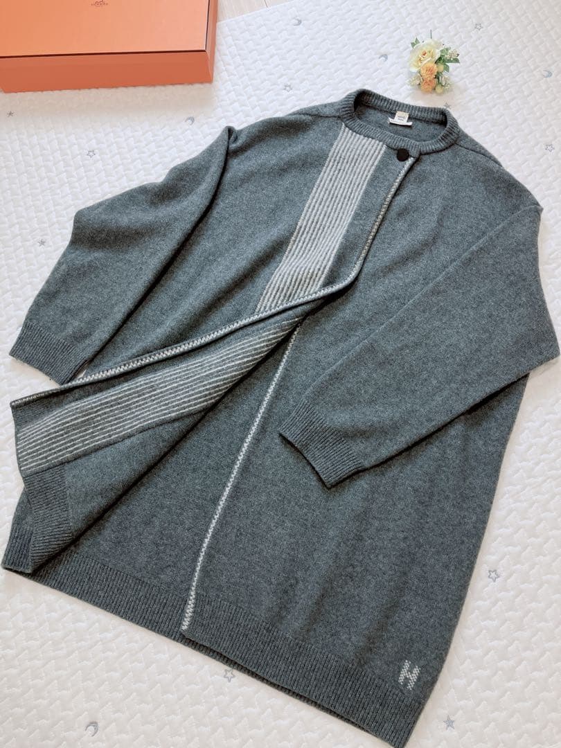 HERMES ロングカーディガン　コート　Hロゴ　ヴァージンウール