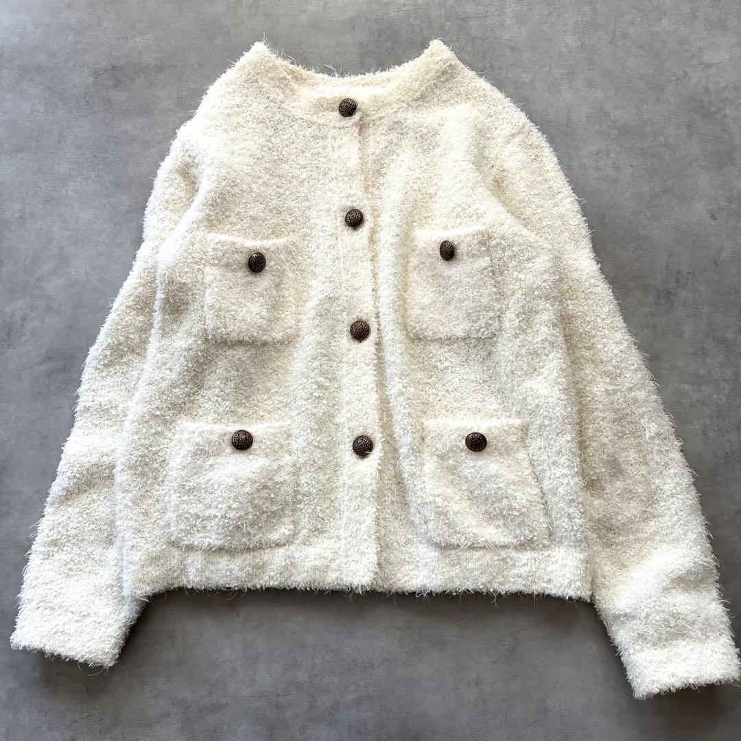 人気 ウィムガゼット ニット ツイード カーディガン ジャケット 白 ホワイト