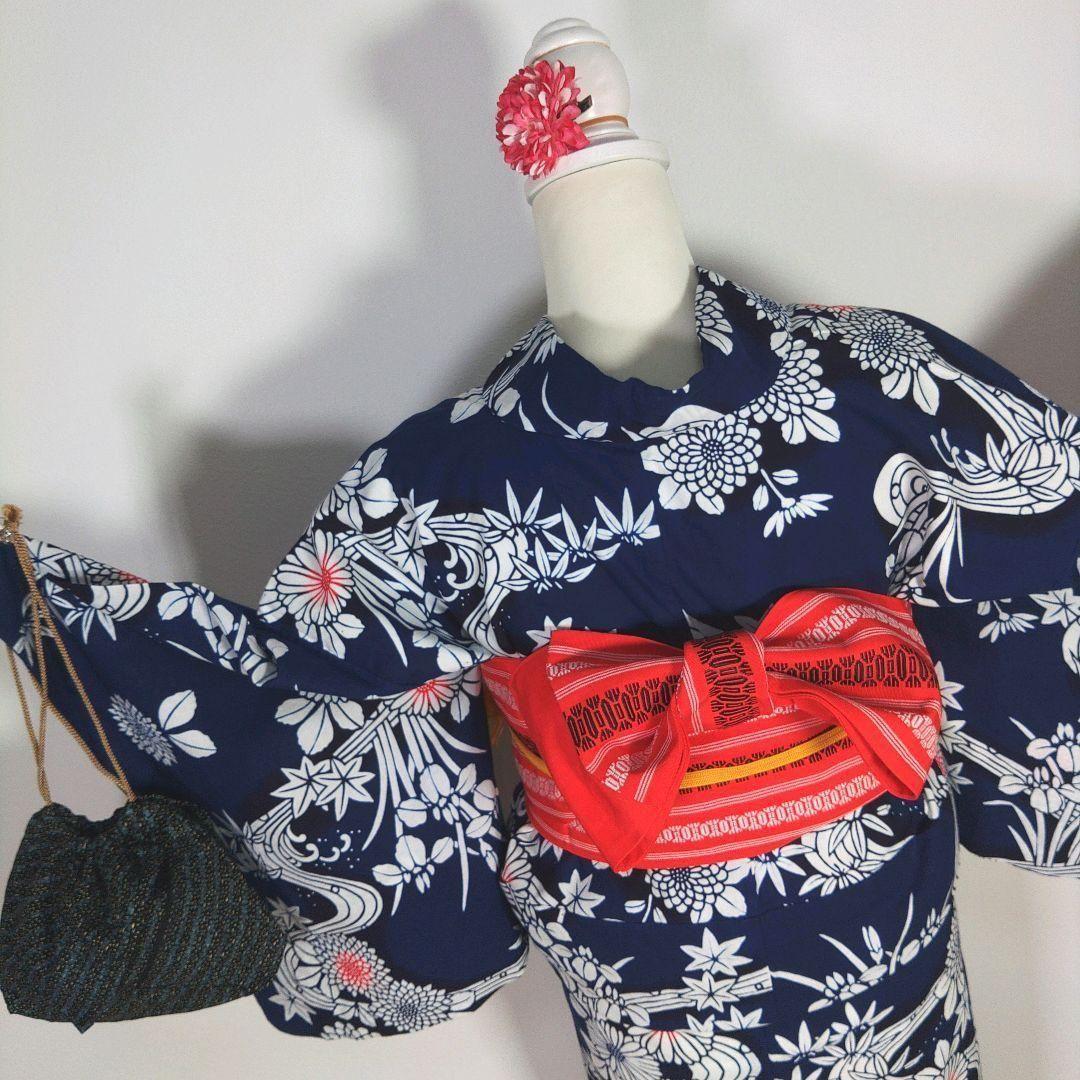 レトロ　レディース　浴衣セット　身丈154cm　花　ネイビー　半幅帯　博多帯　赤