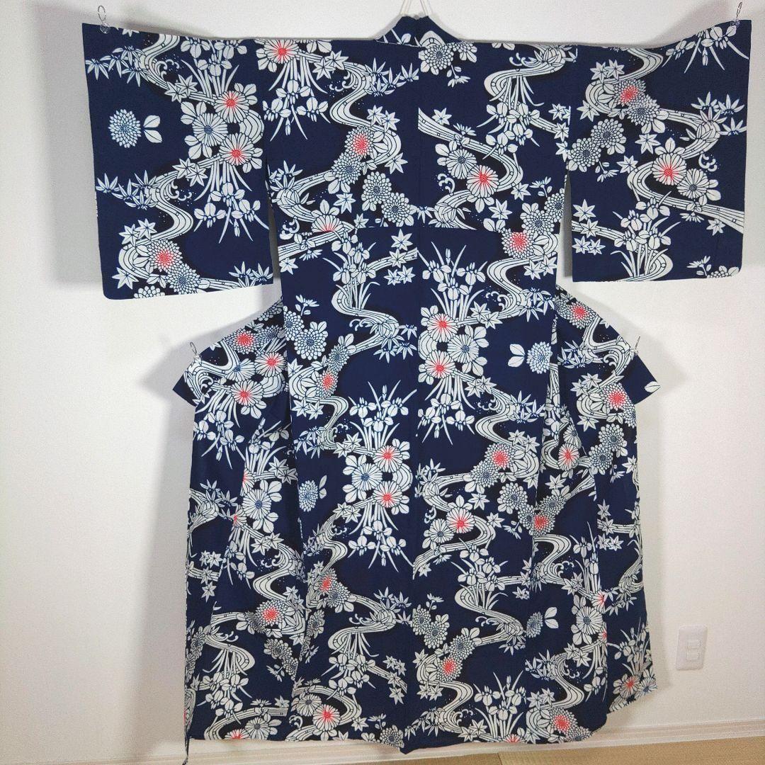 レトロ　レディース　浴衣セット　身丈154cm　花　ネイビー　半幅帯　博多帯　赤