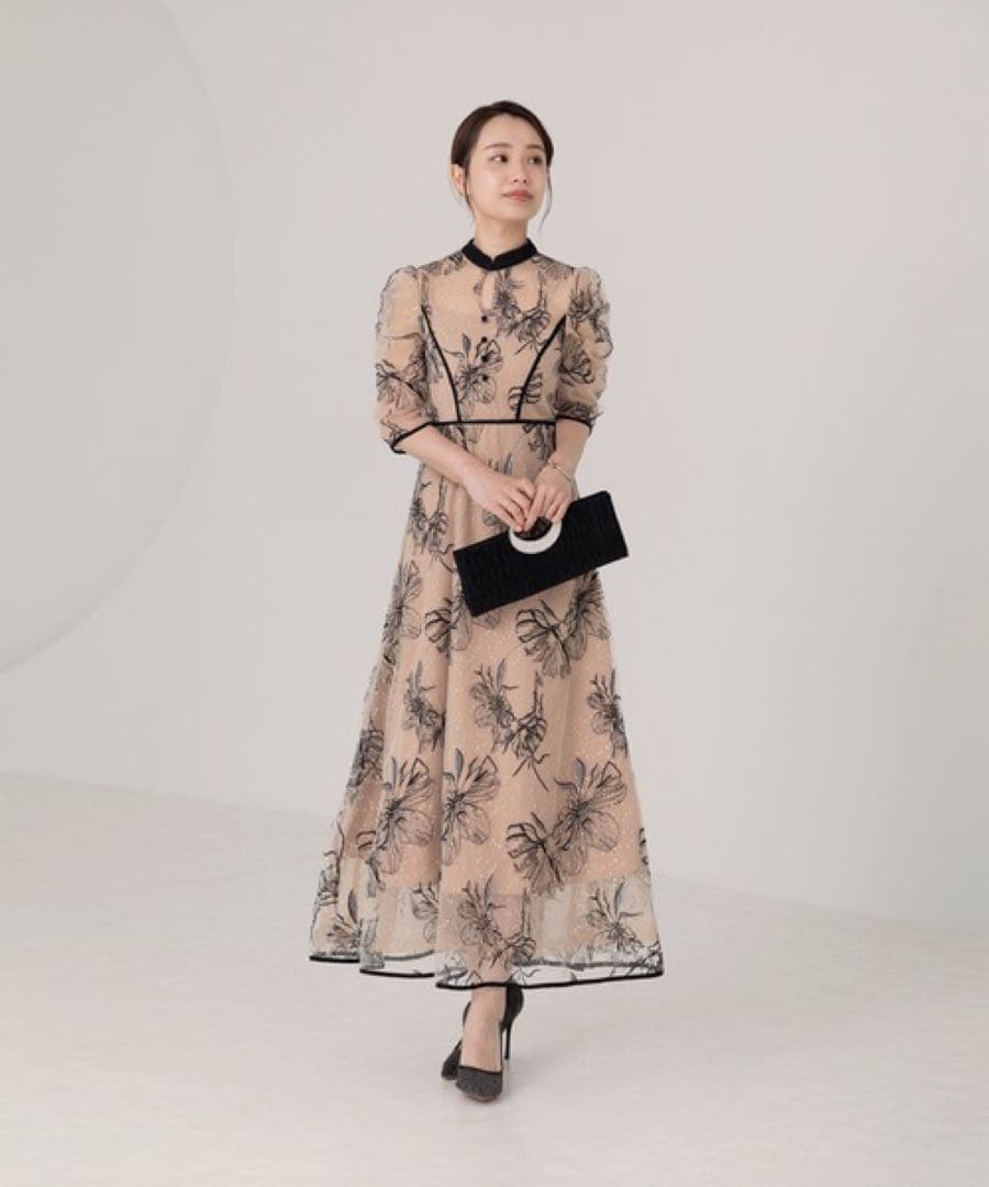 LEJA パイピングプチハイネック花柄刺繍ラメレースロング丈ドレス　Sサイズ