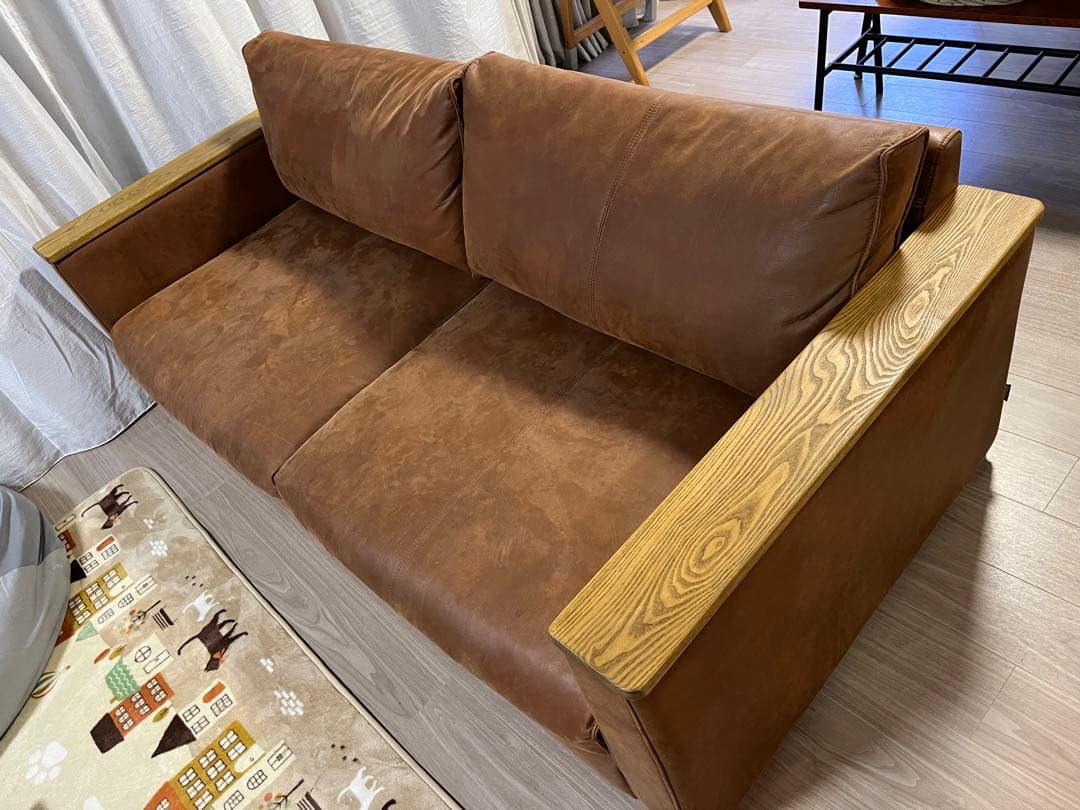 clashgate ブラウンレザー ソファ 木製アームレスト　送料込み