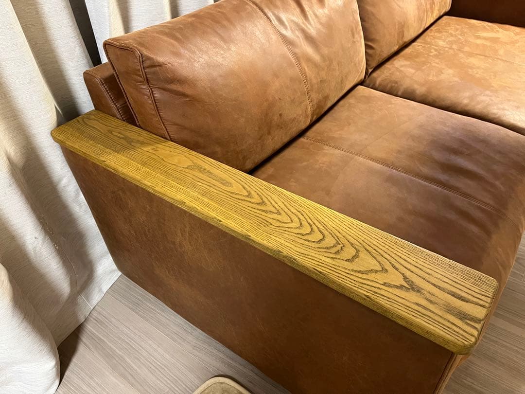 clashgate ブラウンレザー ソファ 木製アームレスト　送料込み