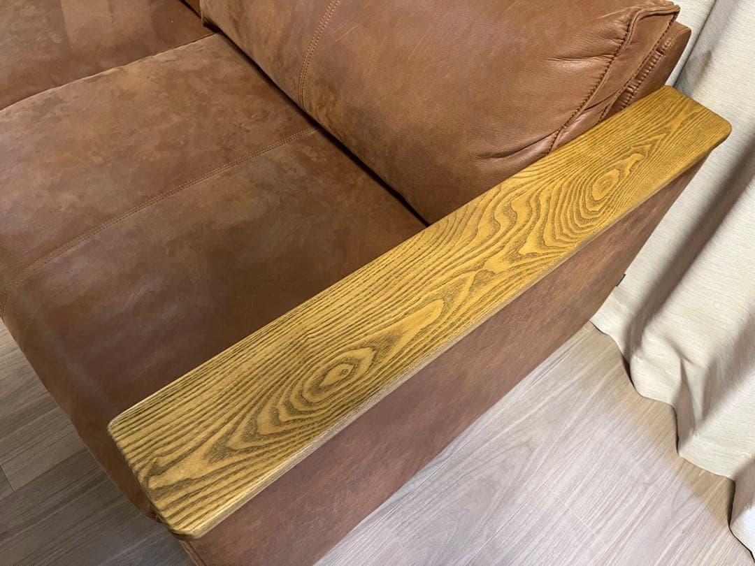 clashgate ブラウンレザー ソファ 木製アームレスト　送料込み