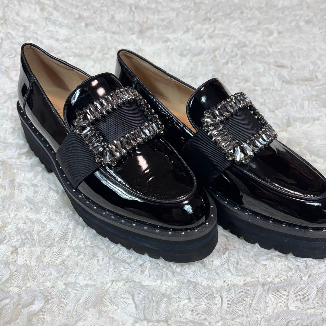 [美品] モードエジャコモ　ビジューバックル　厚底ローファー　黒　23.5