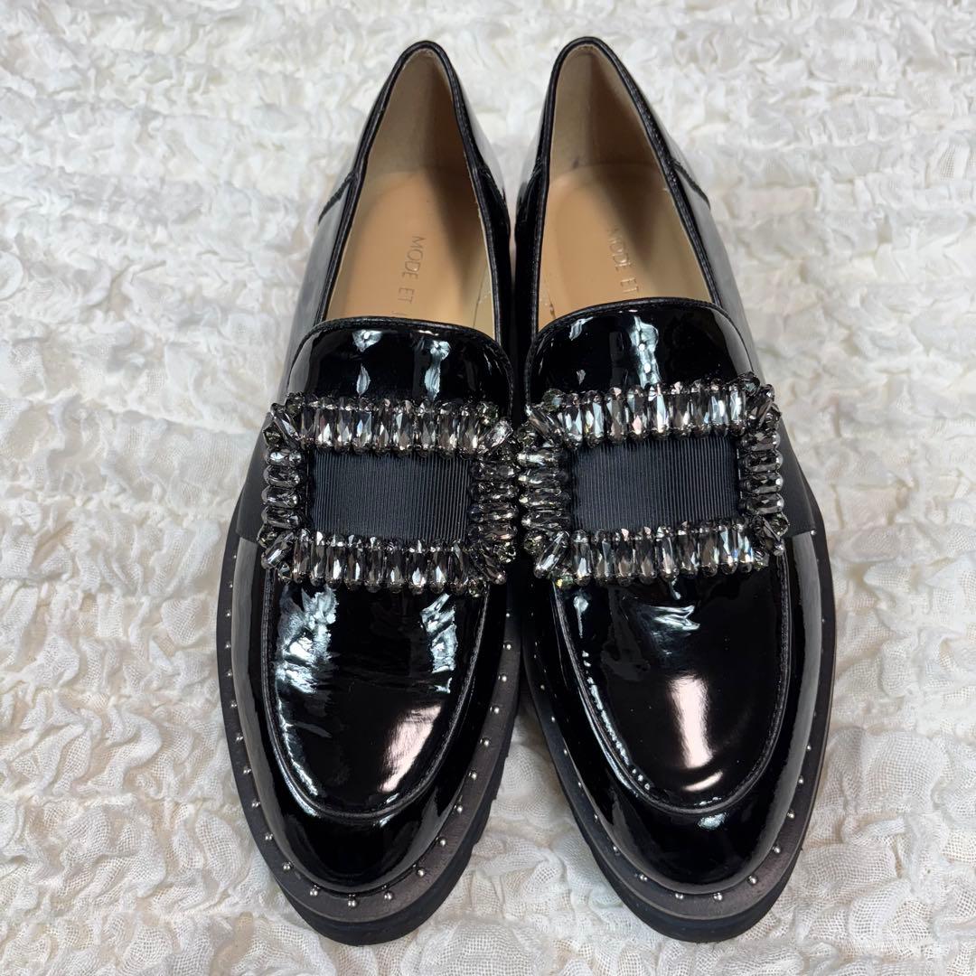 [美品] モードエジャコモ　ビジューバックル　厚底ローファー　黒　23.5