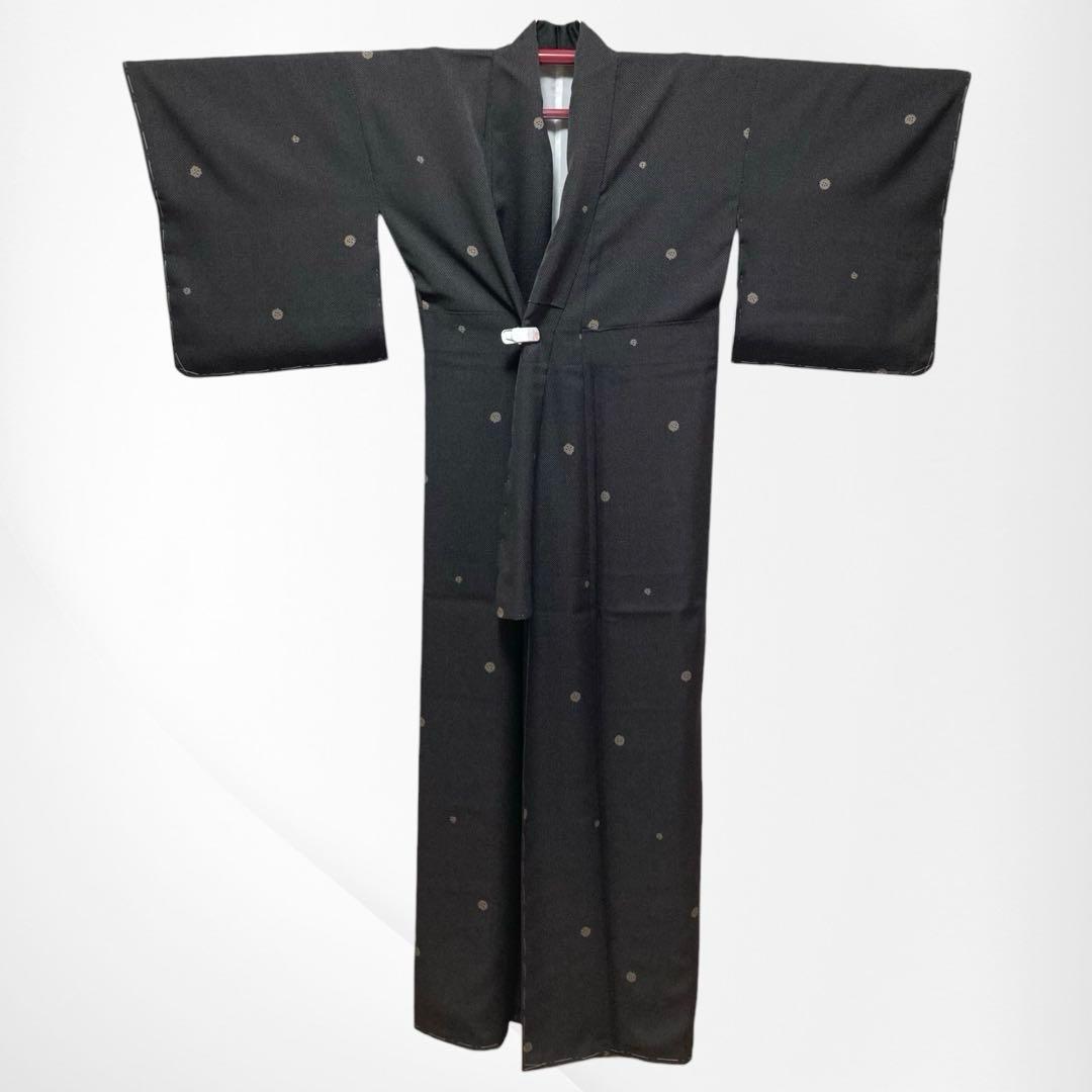 【未使用美品✨】東レシルック　洗える着物　小紋　水玉　黒色　泡　手縫い仕立てG3