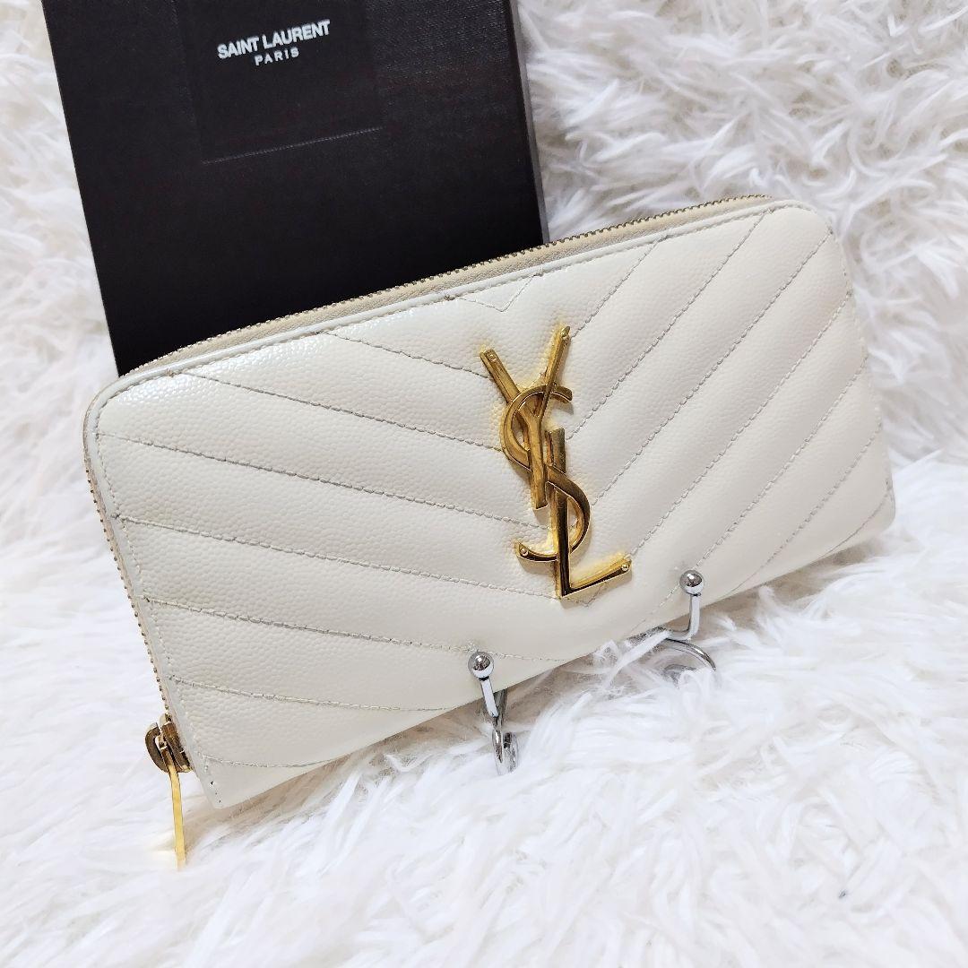 レア美品✨サンローラン◇ラウンドファスナー長財布　Vキルティングゴールド金具白