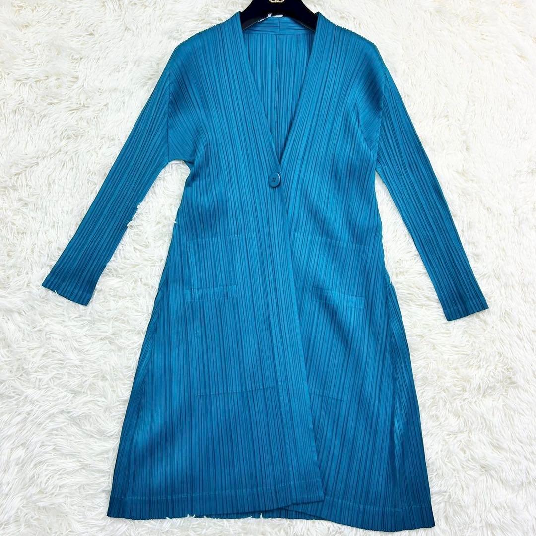 美品　プリーツプリーズ　ロングカーディガン　羽織り　長袖　軽量　ブルー系　3