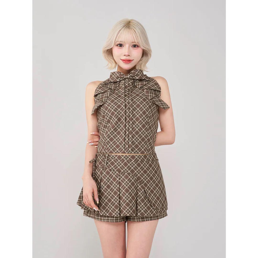 新品タグ付き ダーリッチ チェックスカートライクショートパンツ S ブラウン