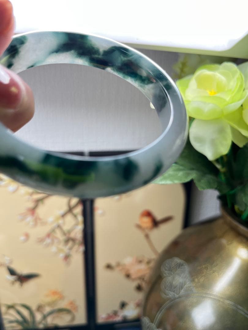 高級品❣️天然A貨翡翠　トロトロ、浮かぶ藍花柄付き氷種翡翠バングル　鑑定書付き