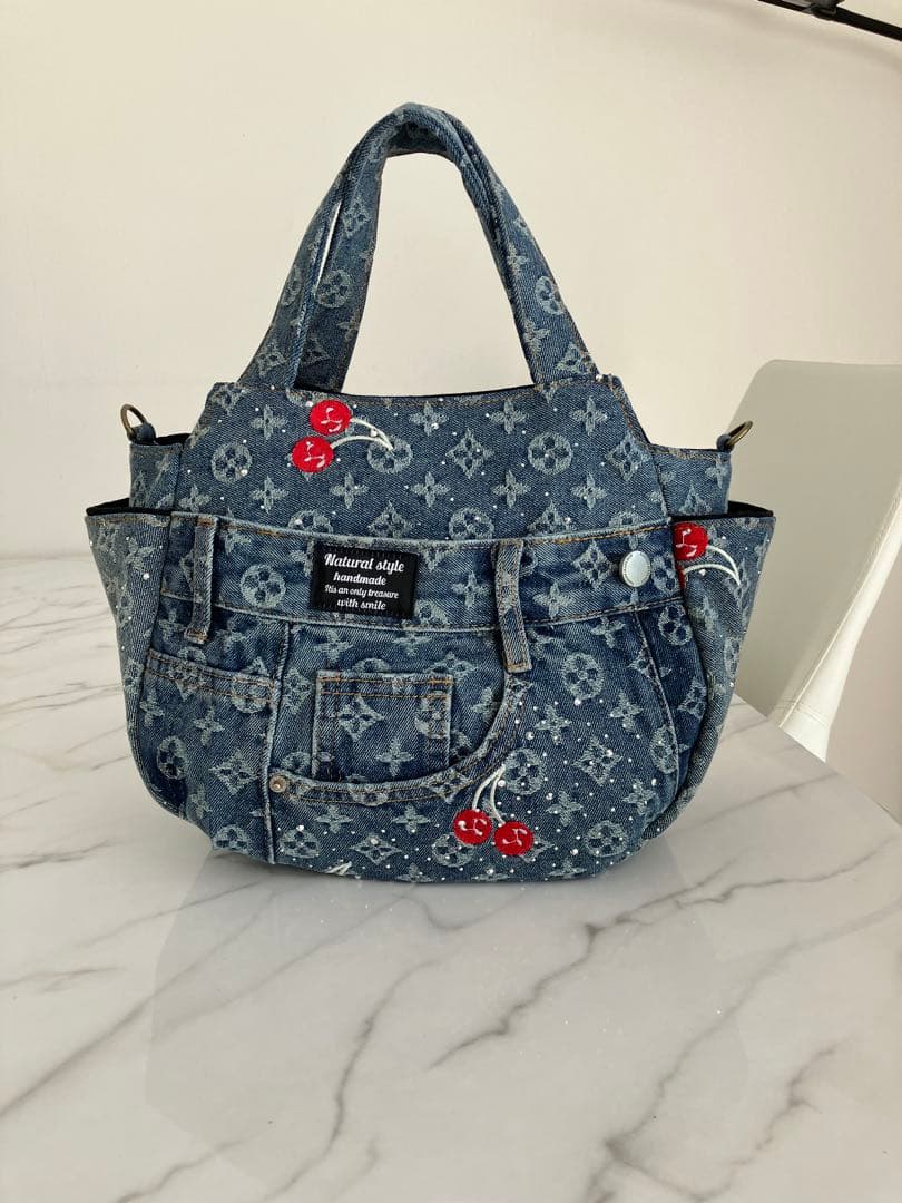 1007 ピエロ　ヒョウ柄デニムリメイクバック　ハンドメイド