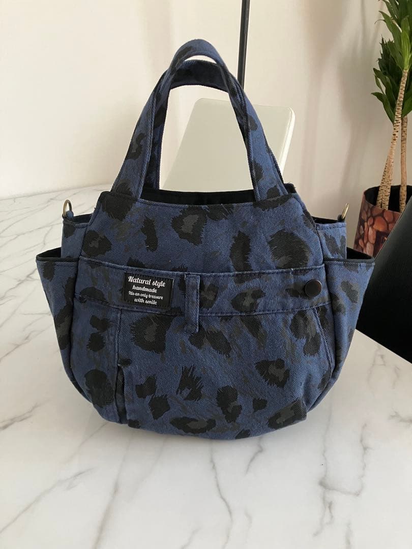 1007 ピエロ　ヒョウ柄デニムリメイクバック　ハンドメイド