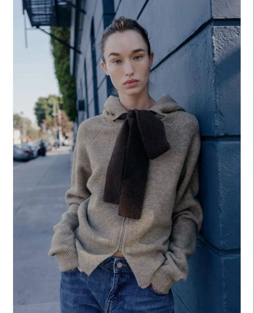 タグ付き新品★ZARAのフード付きタイベルトニットカーディガン★L★ミンクマール