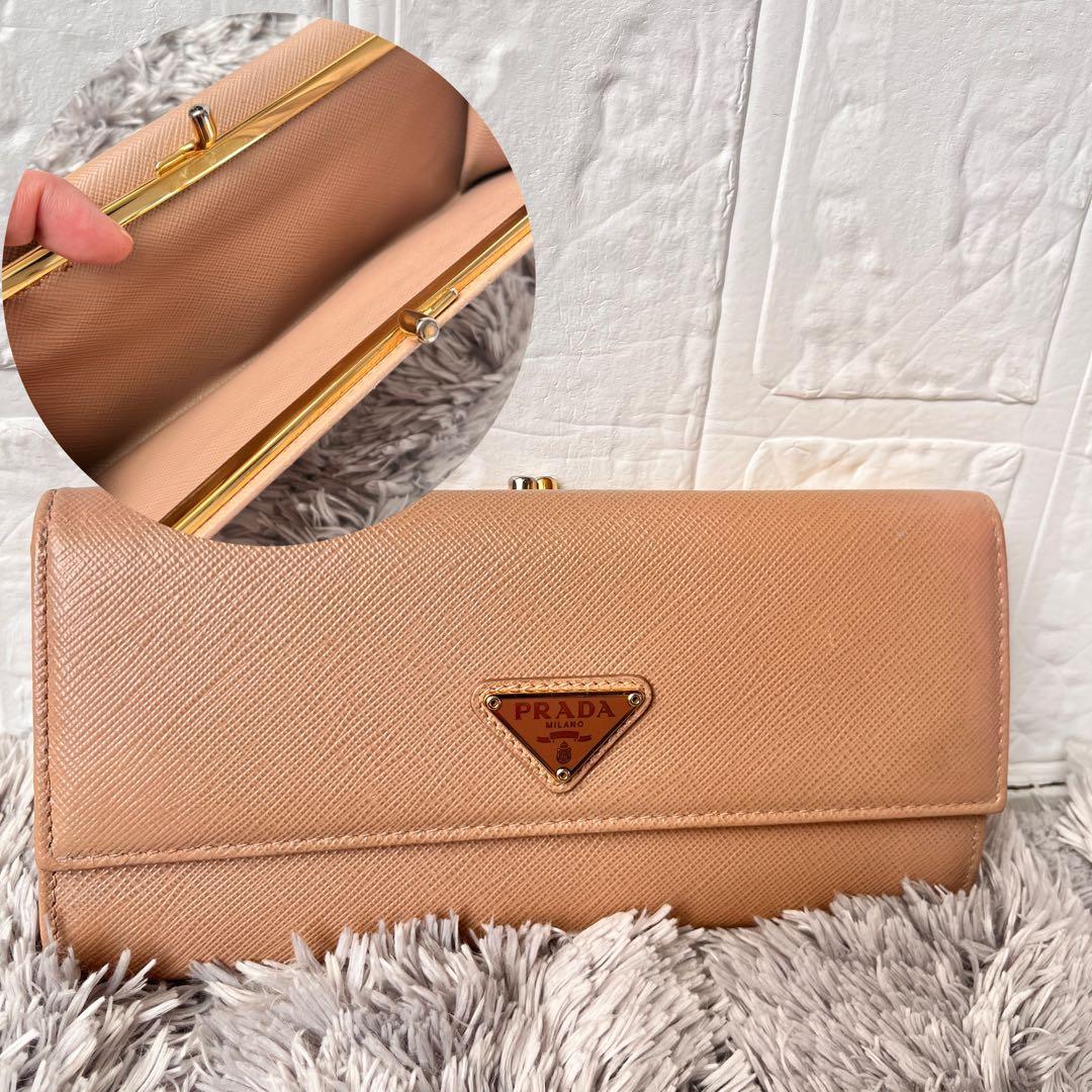 PRADA✨　レア　がま口財布　サフィアーノ　三角ロゴ　ベージュ　レディース