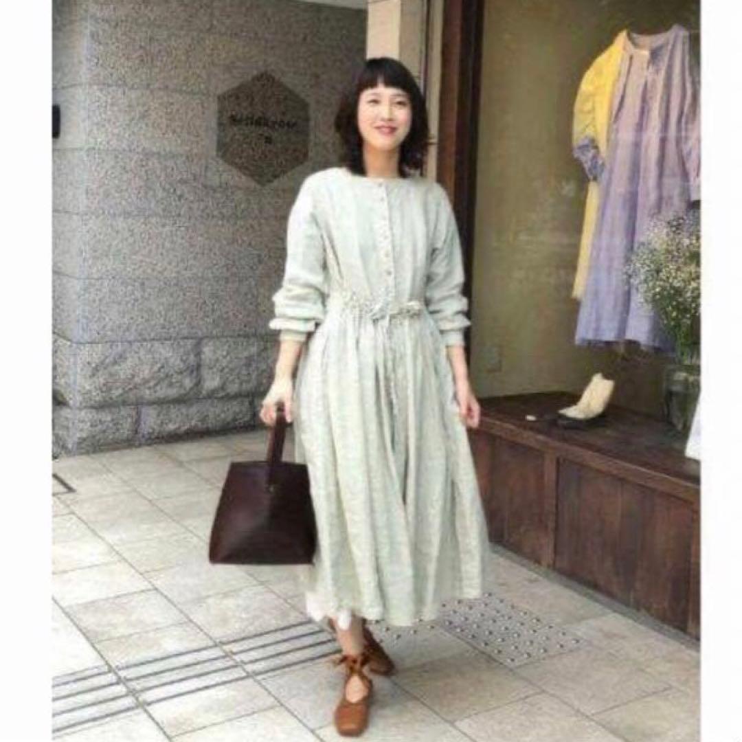極美品★nest Robe★リネン 近江晒し 重ねギャザーワンピース★春グリーン