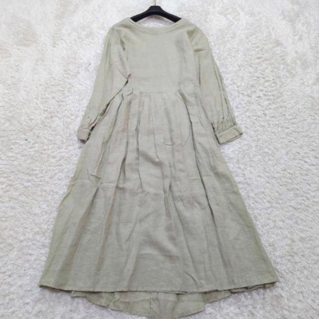 極美品★nest Robe★リネン 近江晒し 重ねギャザーワンピース★春グリーン