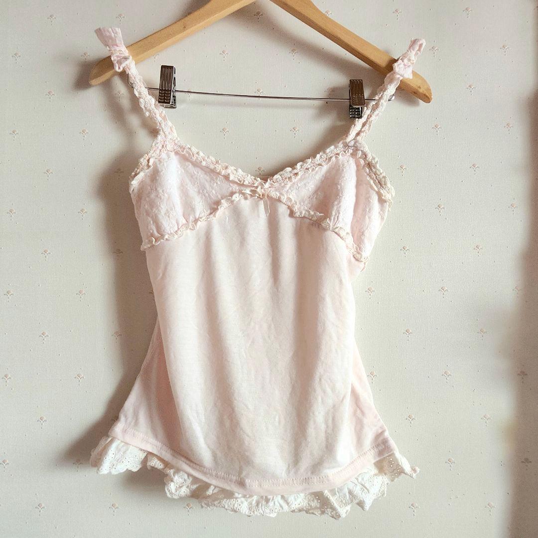 リズリサ　肩リボンフラワー刺繍　キャミソール　ピンク LIZLISA