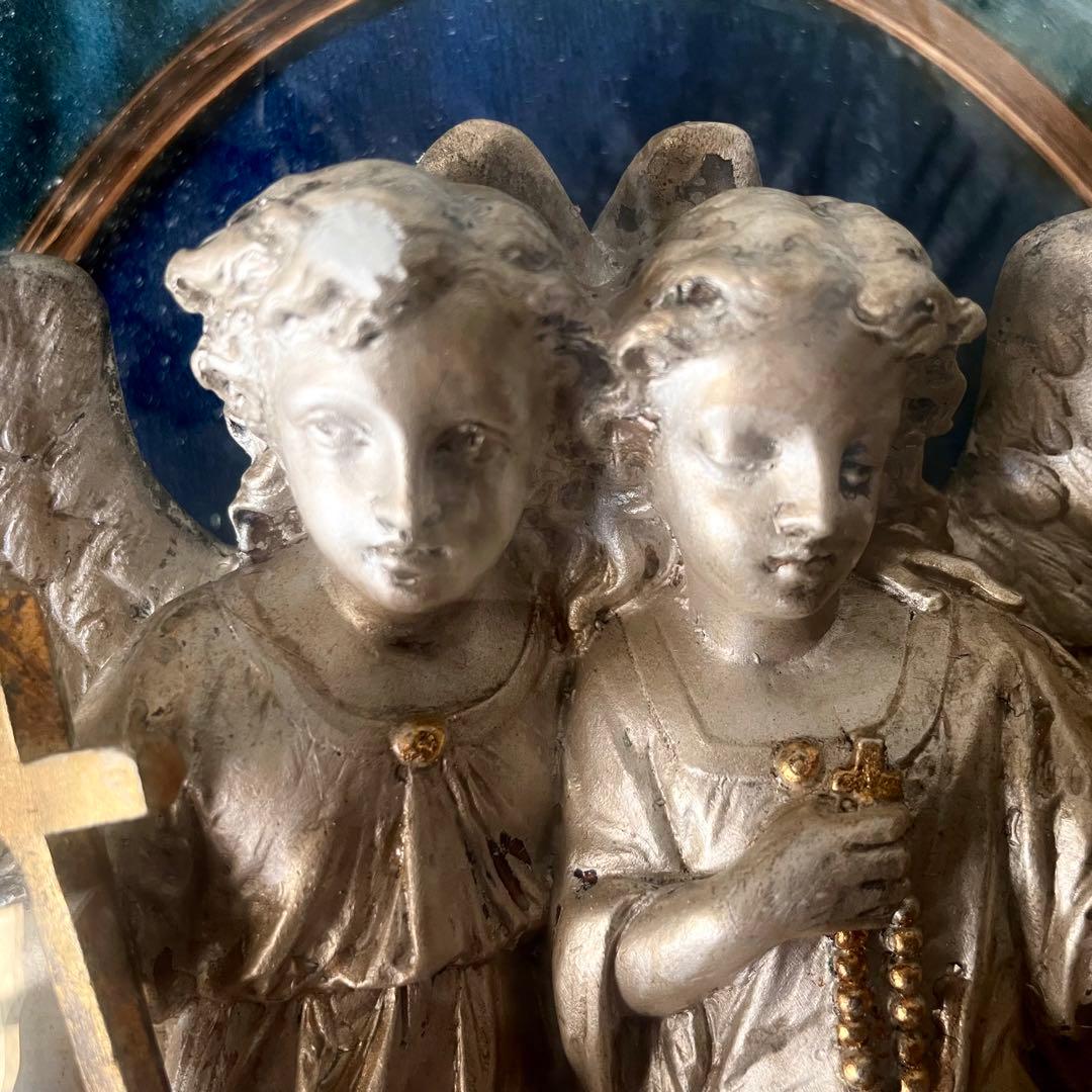 2人の天使のメダイヨン エンジェル フランスアンティーク オーバルフレーム彫刻