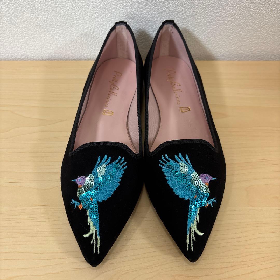 ⭐️未使用⭐️プリティバレリーナ　鳥刺繍　ブラック　スエード　フラットシューズ　希少
