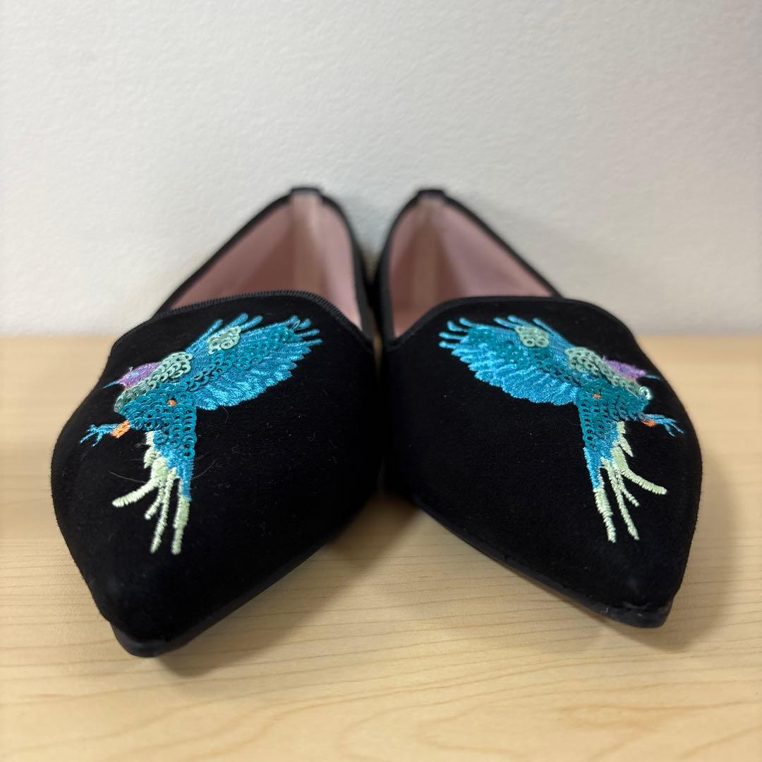 ⭐️未使用⭐️プリティバレリーナ　鳥刺繍　ブラック　スエード　フラットシューズ　希少